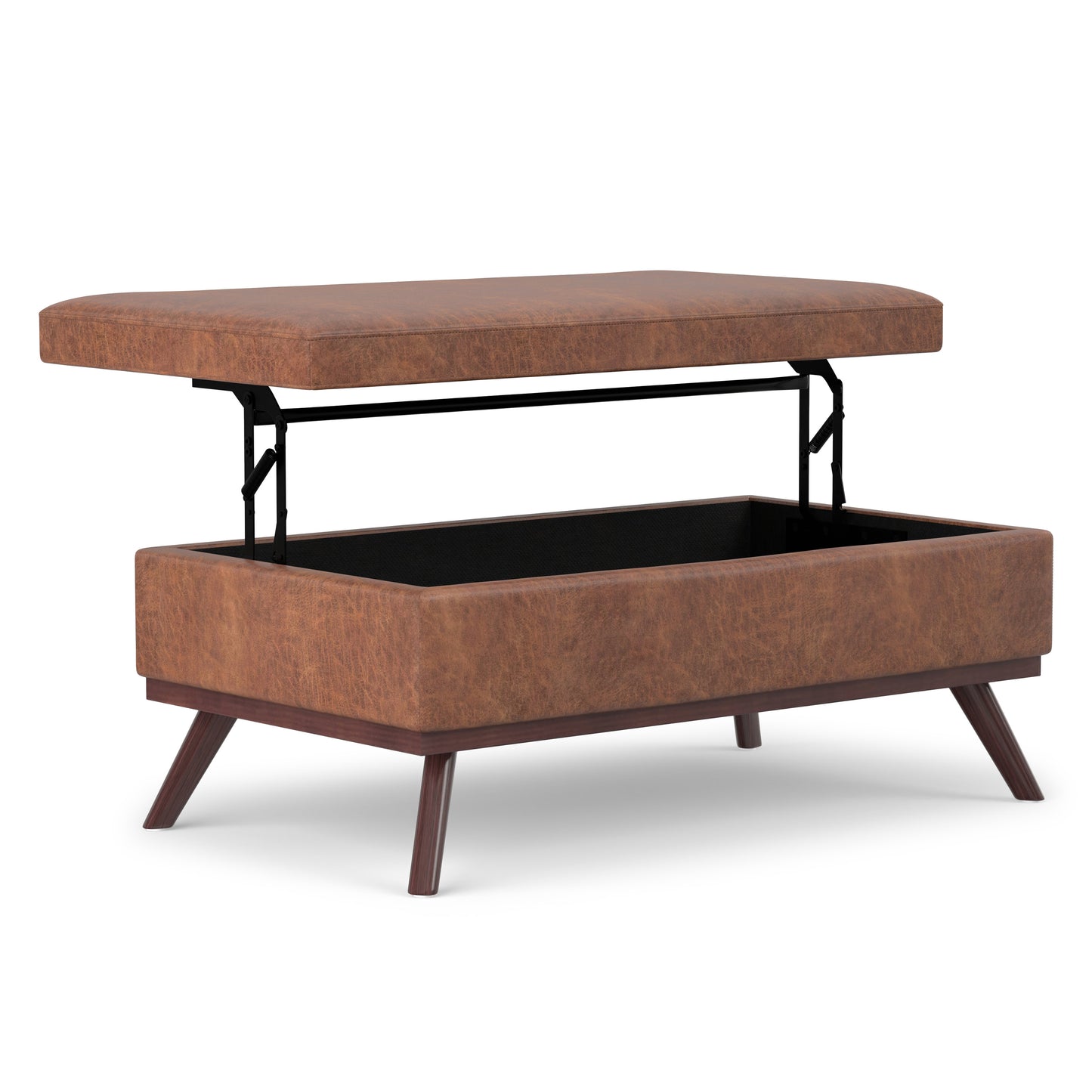Distressed Saddle Brown Distressed Vegan Leather | Owen Lift Top Large Coffee Table Storage Ottoman