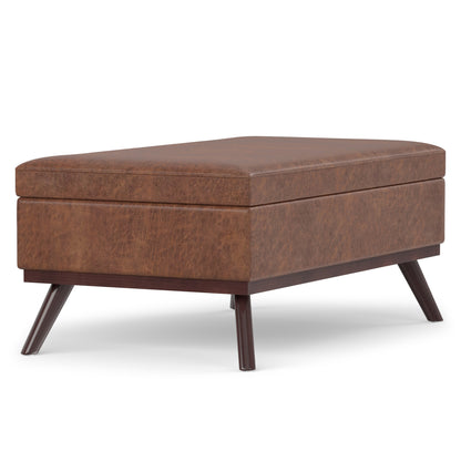 Distressed Saddle Brown Distressed Vegan Leather | Owen Lift Top Large Coffee Table Storage Ottoman