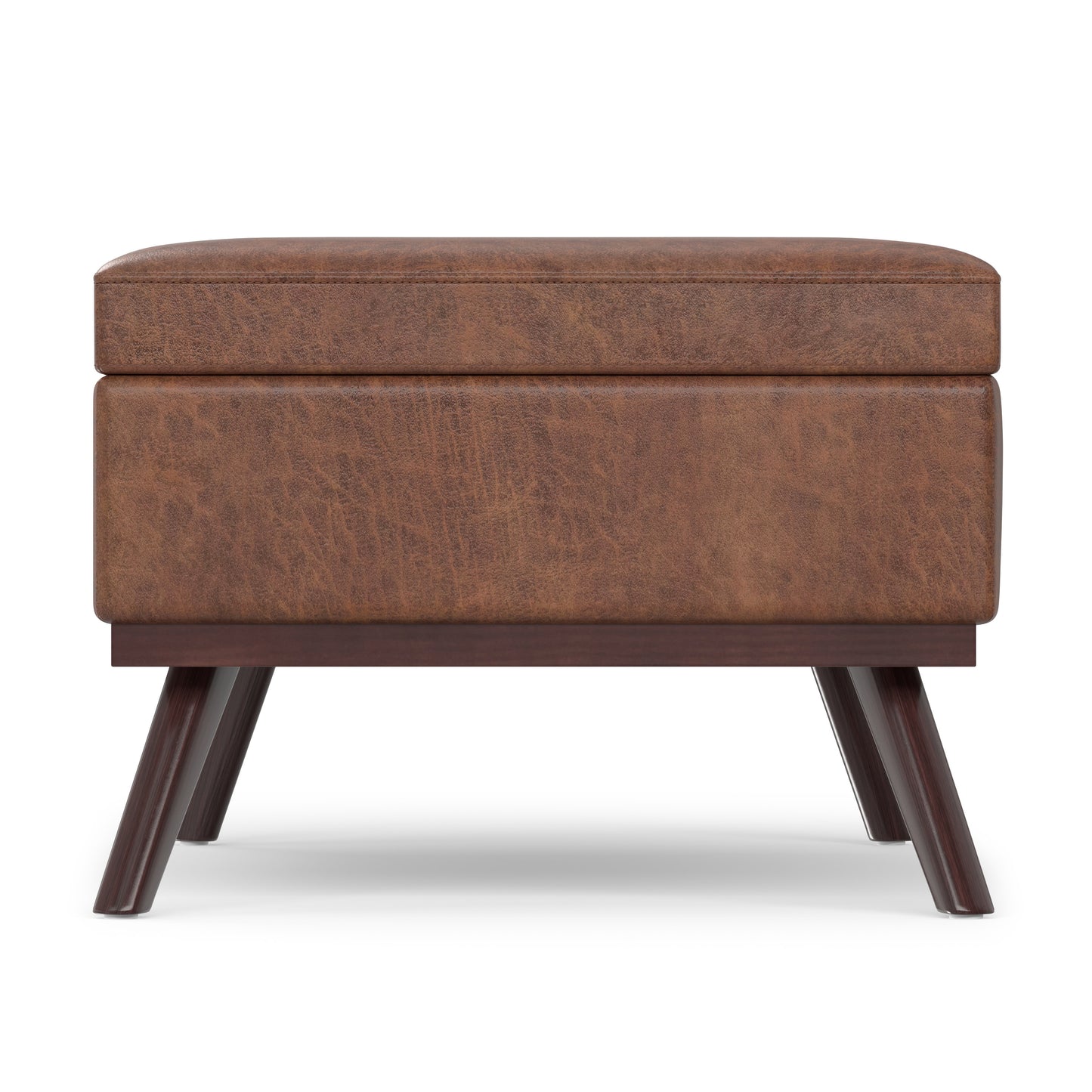 Distressed Saddle Brown Distressed Vegan Leather | Owen Lift Top Large Coffee Table Storage Ottoman