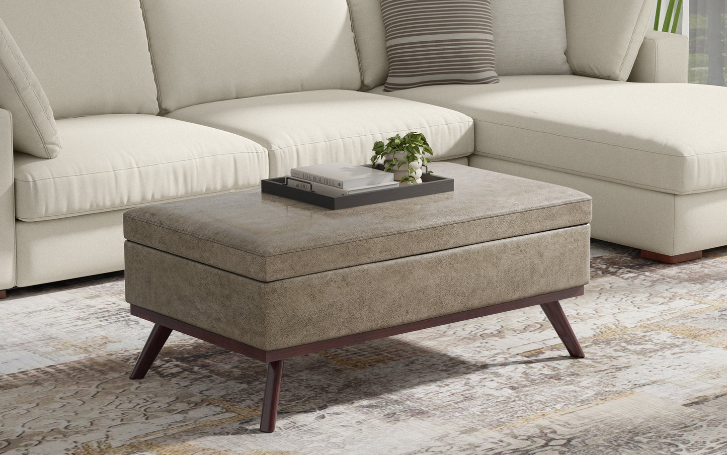 Distressed Smoky Grey Brown Distressed Vegan Leather | Owen Lift Top Large Coffee Table Storage Ottoman