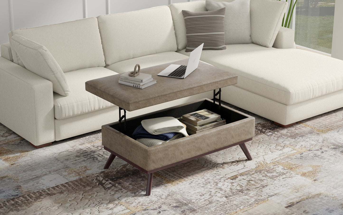 Distressed Smoky Grey Brown Distressed Vegan Leather | Owen Lift Top Large Coffee Table Storage Ottoman