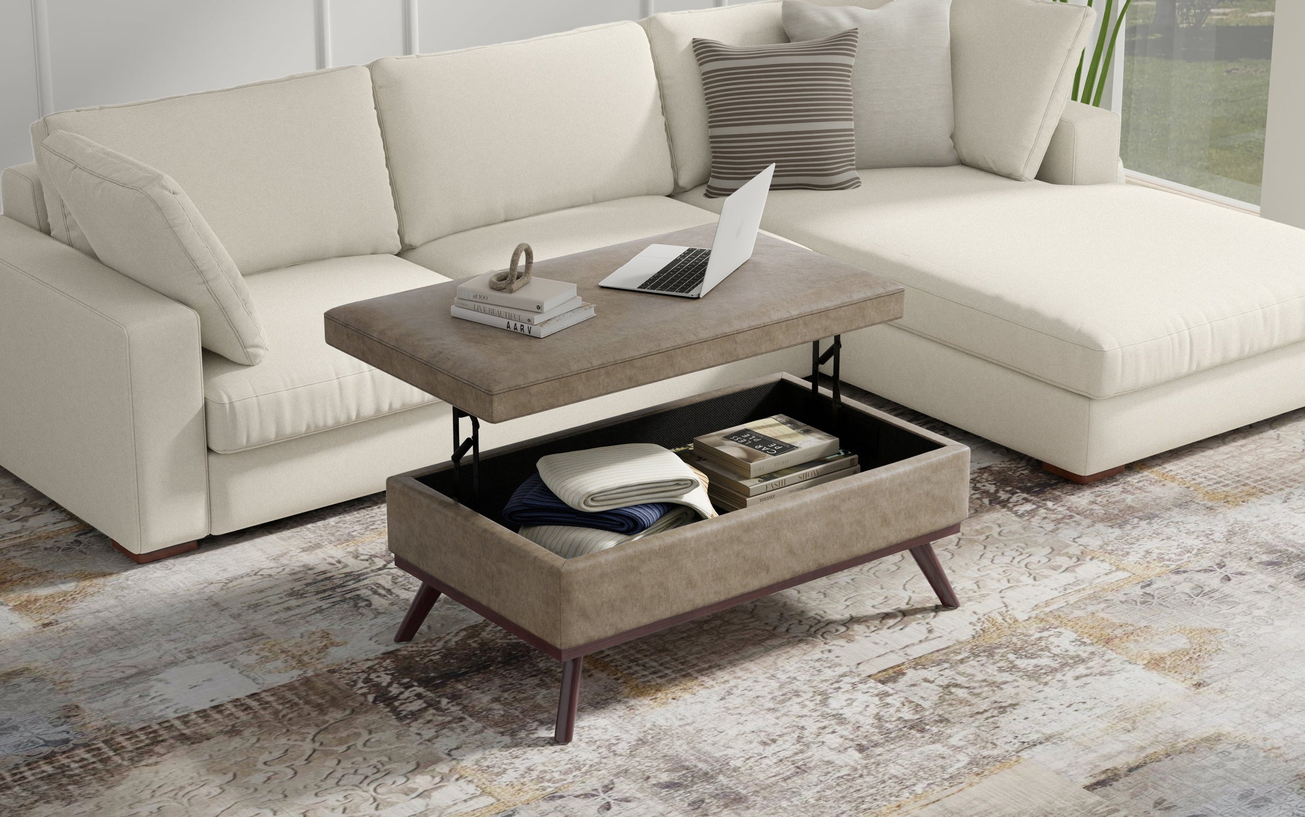 Distressed Smoky Grey Brown Distressed Vegan Leather | Owen Lift Top Large Coffee Table Storage Ottoman