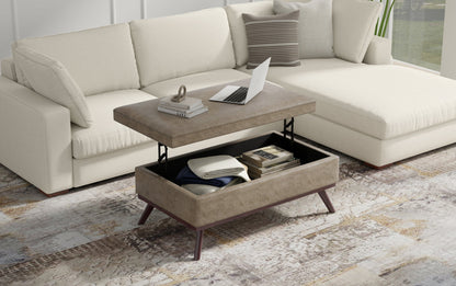 Distressed Smoky Grey Brown Distressed Vegan Leather | Owen Lift Top Large Coffee Table Storage Ottoman