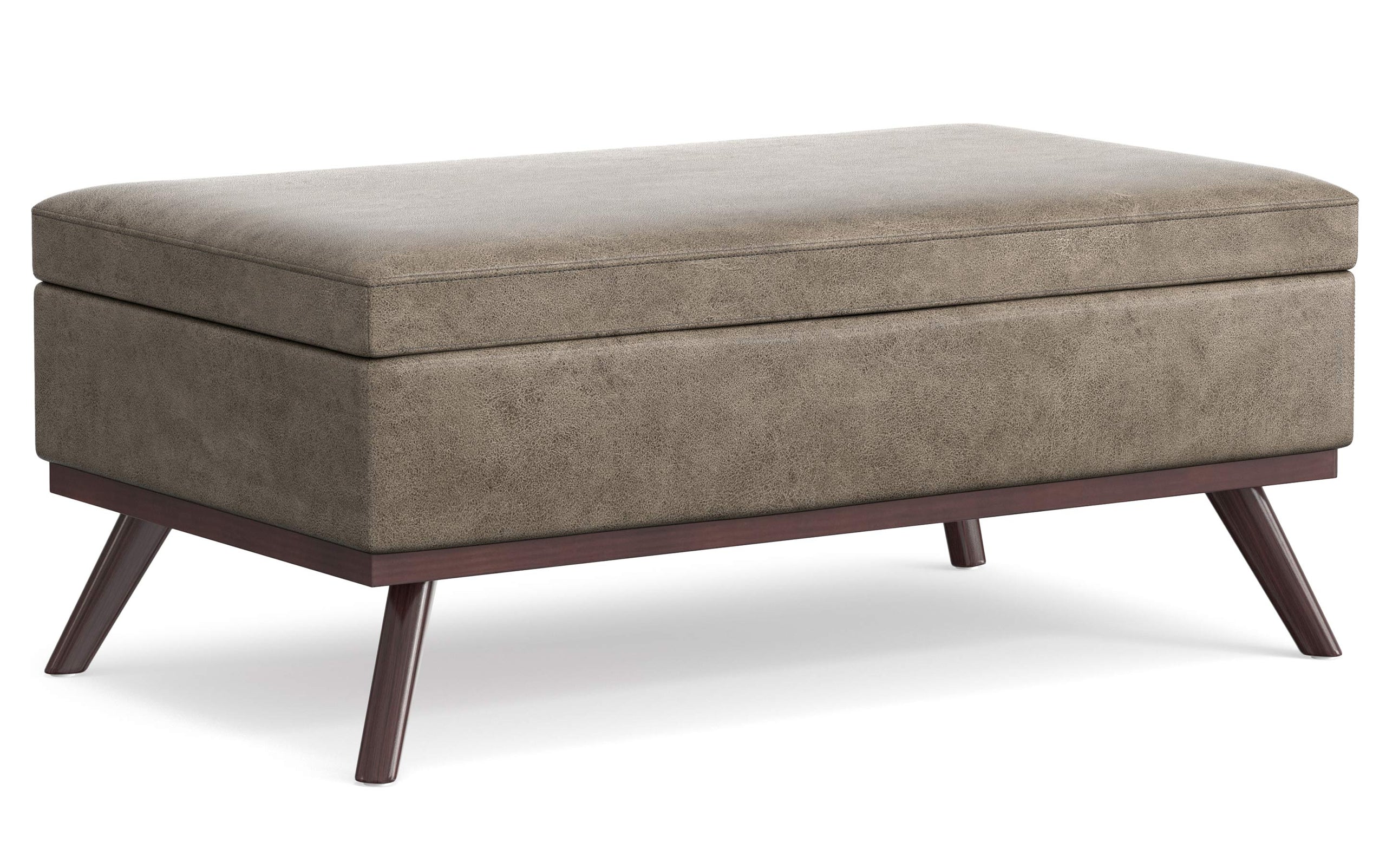 Distressed Smoky Grey Brown Distressed Vegan Leather | Owen Lift Top Large Coffee Table Storage Ottoman