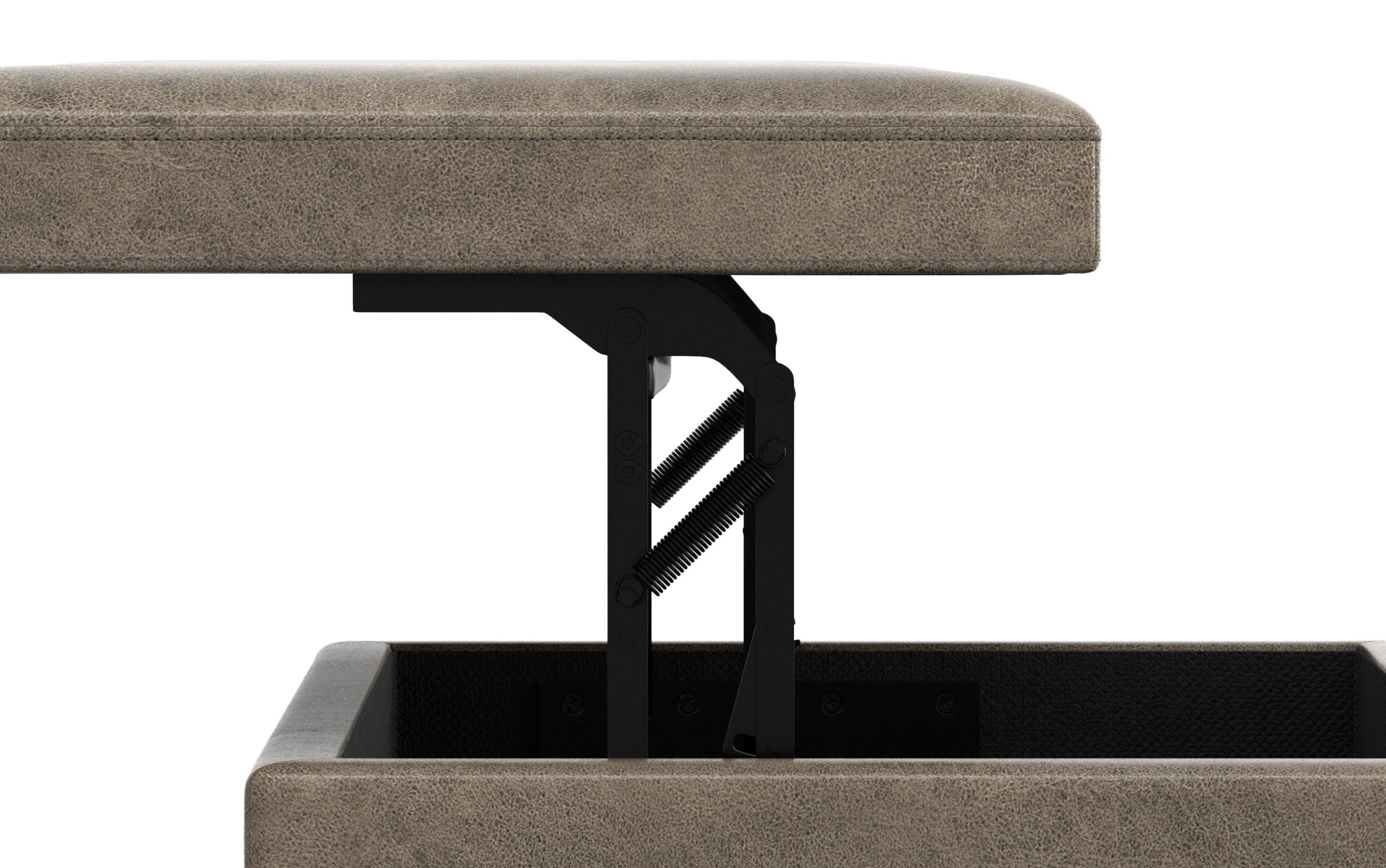 Distressed Smoky Grey Brown Distressed Vegan Leather | Owen Lift Top Large Coffee Table Storage Ottoman