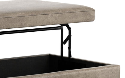 Distressed Smoky Grey Brown Distressed Vegan Leather | Owen Lift Top Large Coffee Table Storage Ottoman