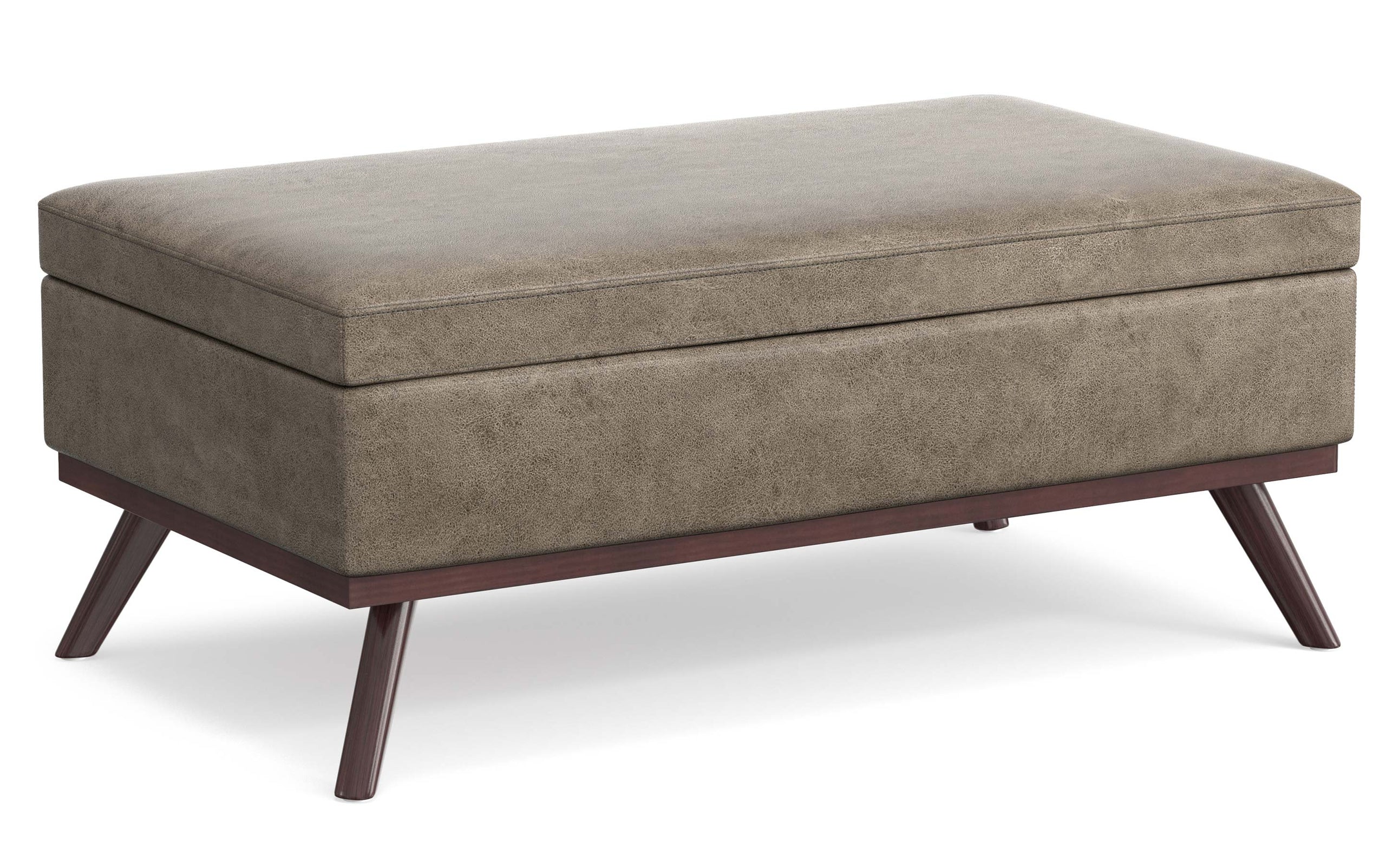 Distressed Smoky Grey Brown Distressed Vegan Leather | Owen Lift Top Large Coffee Table Storage Ottoman