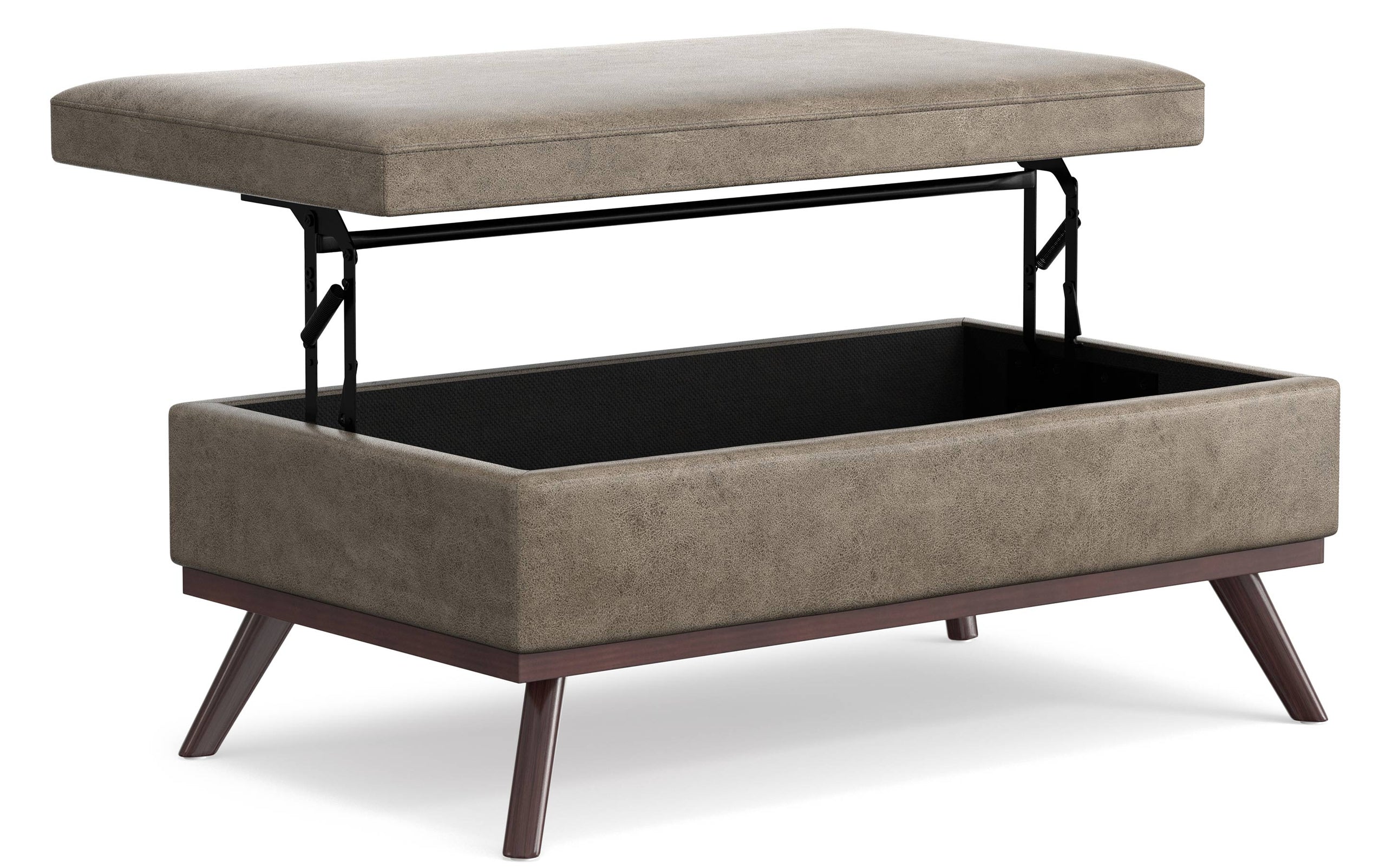 Distressed Smoky Grey Brown Distressed Vegan Leather | Owen Lift Top Large Coffee Table Storage Ottoman