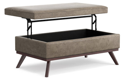 Distressed Smoky Grey Brown Distressed Vegan Leather | Owen Lift Top Large Coffee Table Storage Ottoman