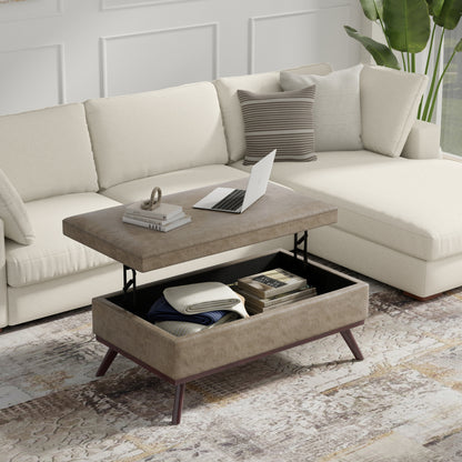 Distressed Smoky Grey Brown Distressed Vegan Leather | Owen Lift Top Large Coffee Table Storage Ottoman