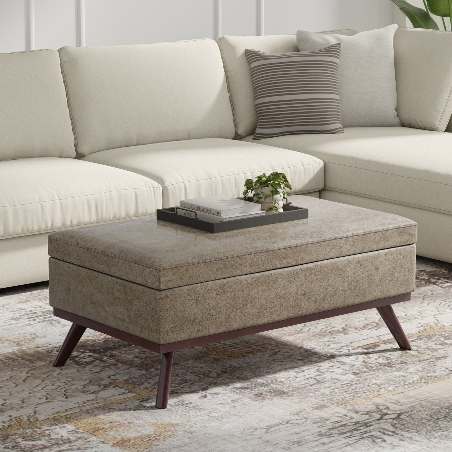 Distressed Smoky Grey Brown Distressed Vegan Leather | Owen Lift Top Large Coffee Table Storage Ottoman
