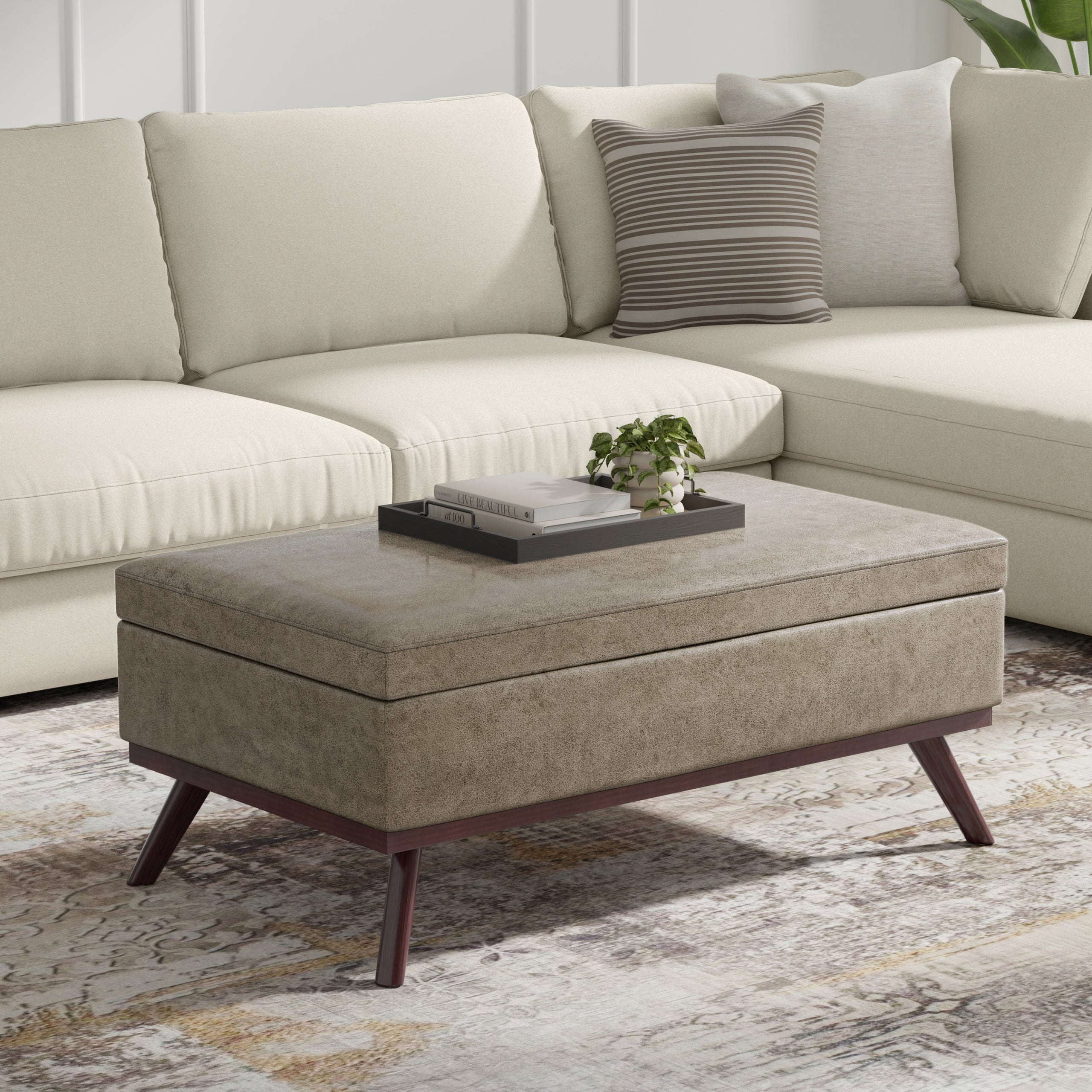 Distressed Smoky Grey Brown Distressed Vegan Leather | Owen Lift Top Large Coffee Table Storage Ottoman