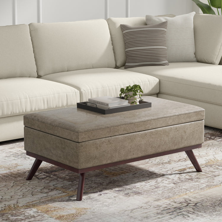 Distressed Smoky Grey Brown Distressed Vegan Leather | Owen Lift Top Large Coffee Table Storage Ottoman