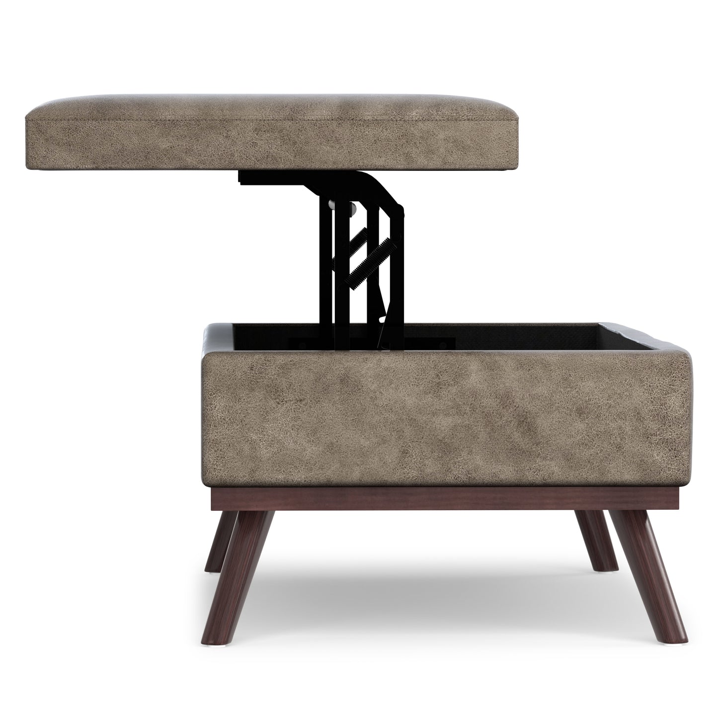 Distressed Smoky Grey Brown Distressed Vegan Leather | Owen Lift Top Large Coffee Table Storage Ottoman