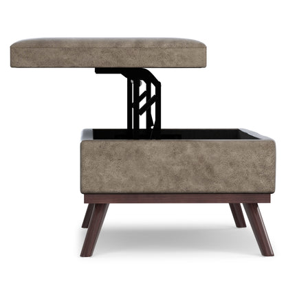 Distressed Smoky Grey Brown Distressed Vegan Leather | Owen Lift Top Large Coffee Table Storage Ottoman