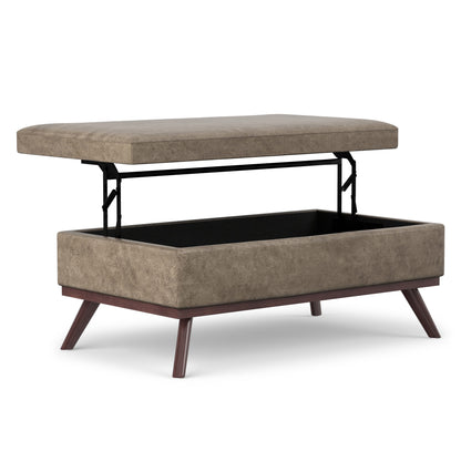 Distressed Smoky Grey Brown Distressed Vegan Leather | Owen Lift Top Large Coffee Table Storage Ottoman