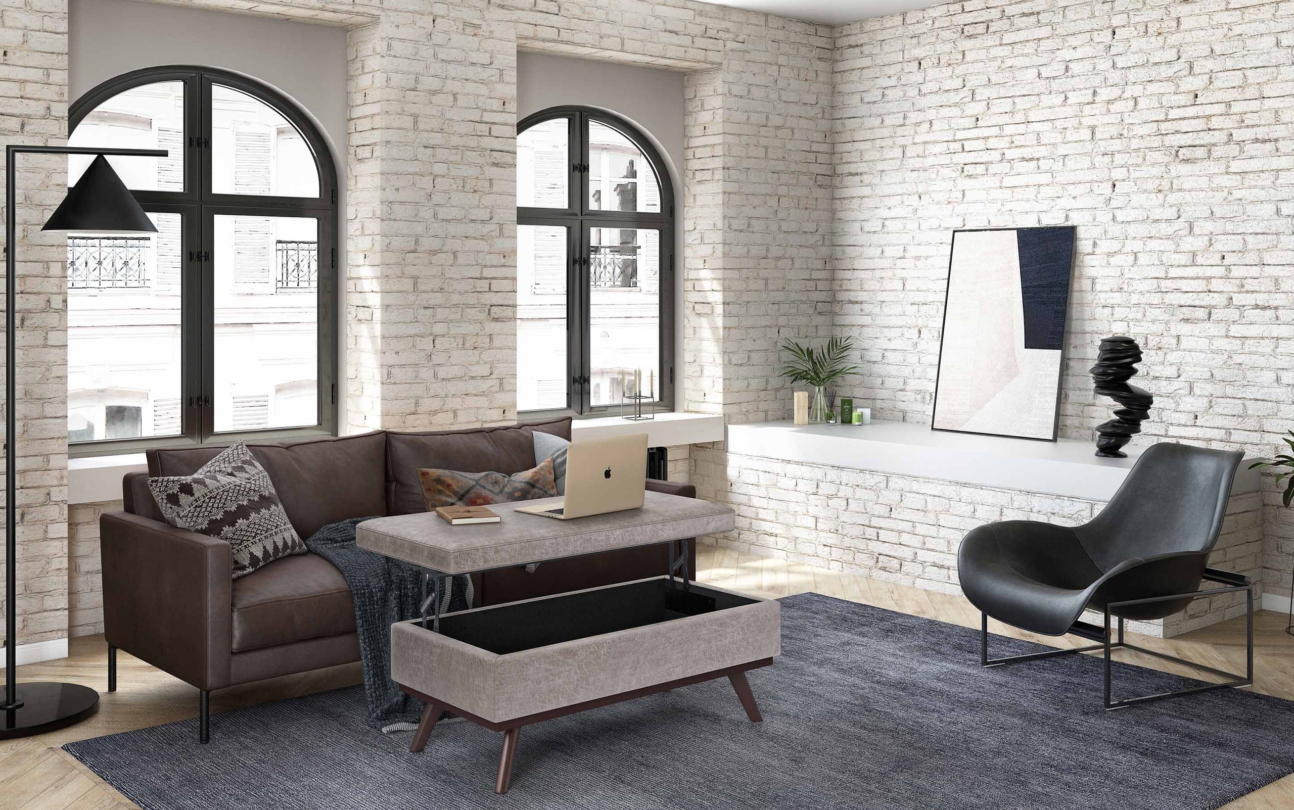 Distressed Grey Distressed Vegan Leather | Owen Lift Top Large Coffee Table Storage Ottoman