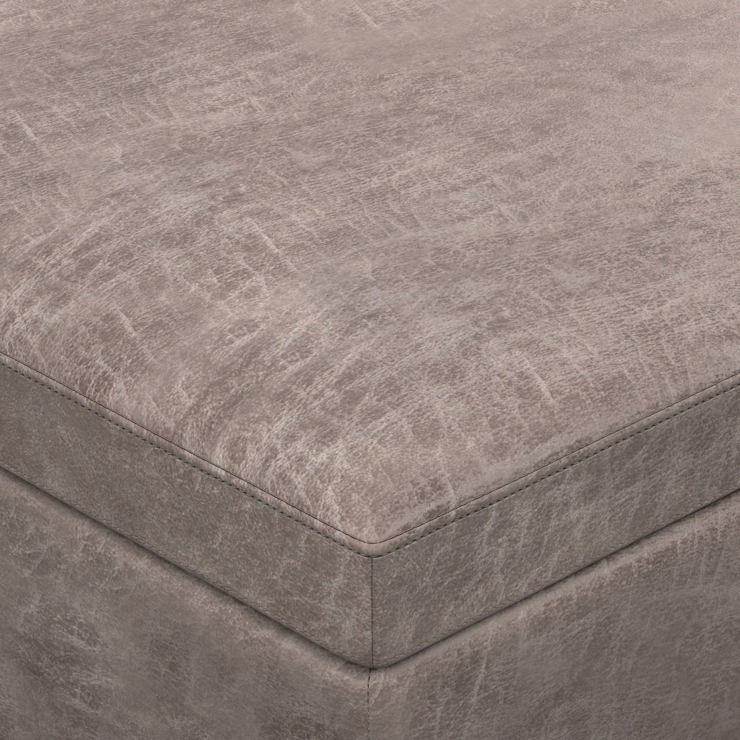 Distressed Grey Taupe Distressed Vegan Leather | Owen Lift Top Large Coffee Table Storage Ottoman