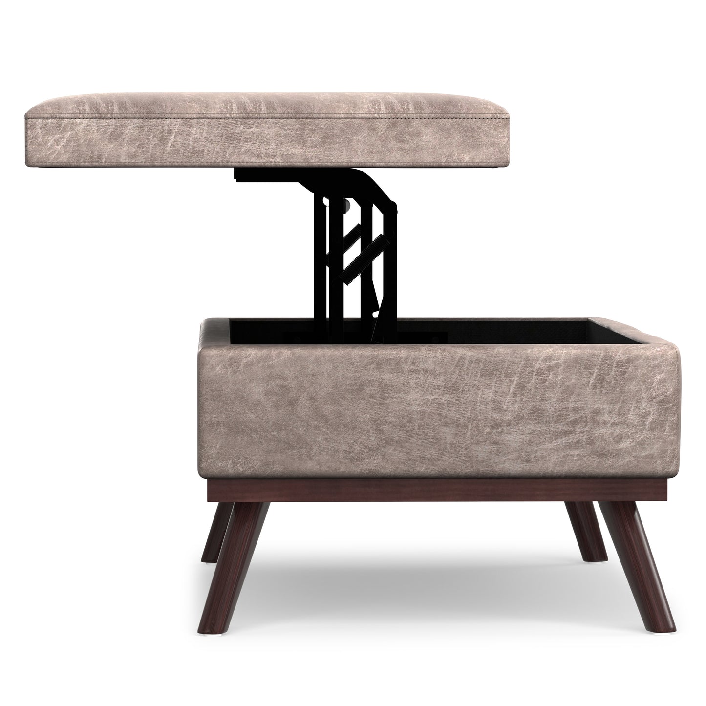 Distressed Grey Taupe Distressed Vegan Leather | Owen Lift Top Large Coffee Table Storage Ottoman