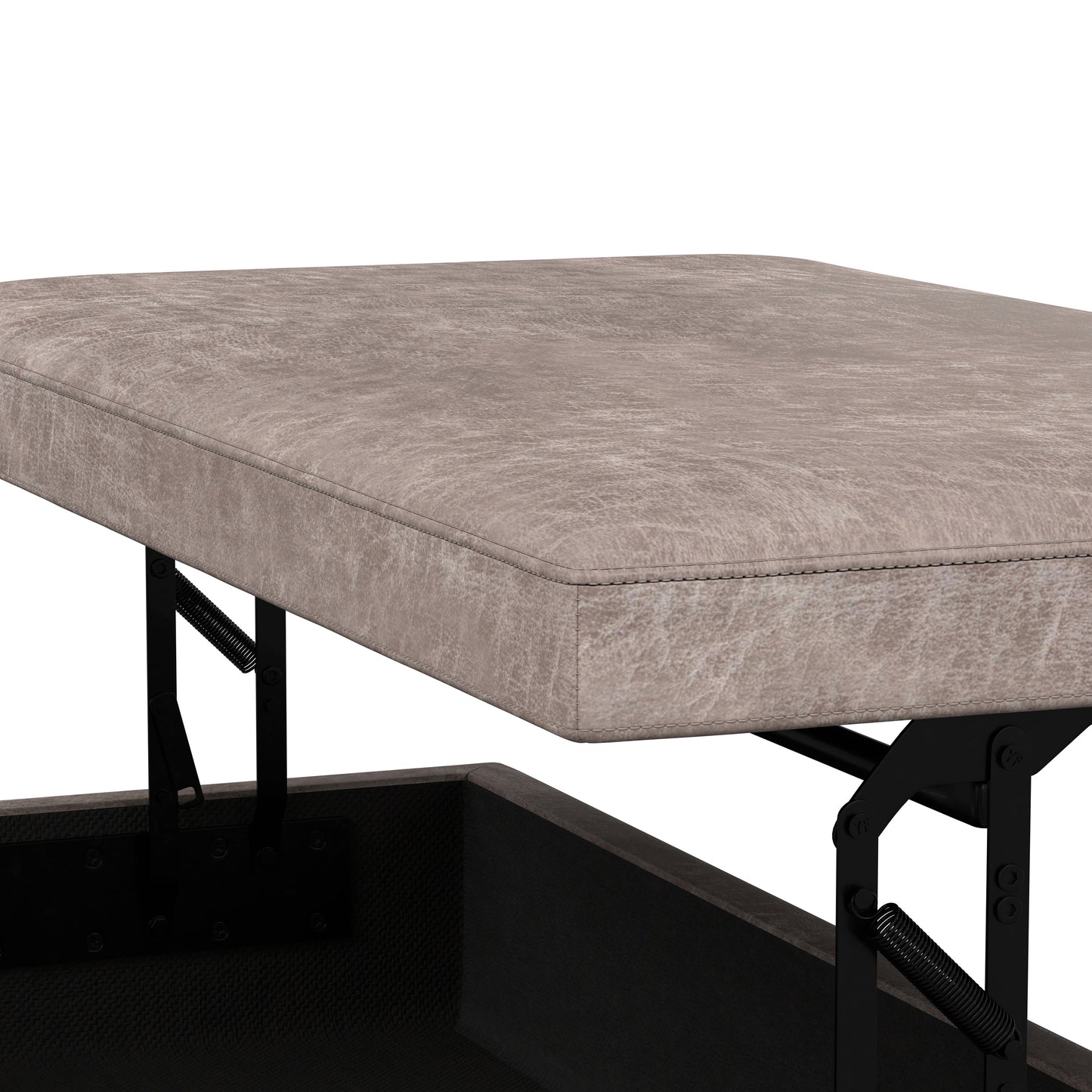 Distressed Grey Taupe Distressed Vegan Leather | Owen Lift Top Large Coffee Table Storage Ottoman