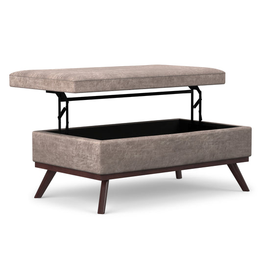 Distressed Grey Taupe Distressed Vegan Leather | Owen Lift Top Large Coffee Table Storage Ottoman