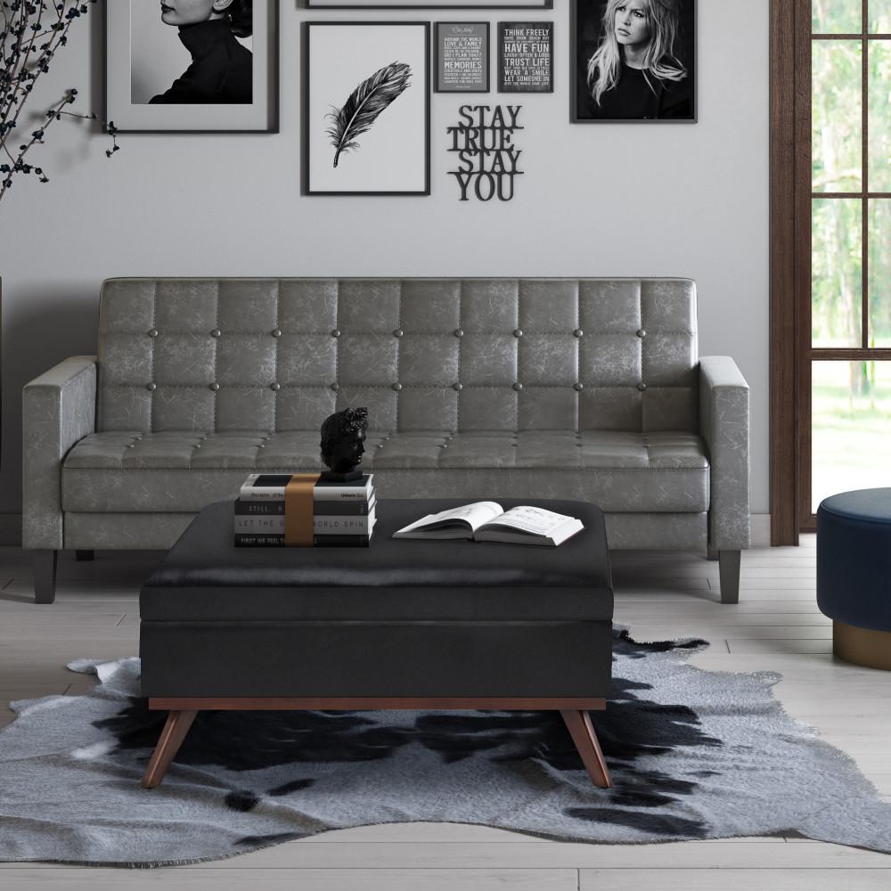 Midnight Black Vegan Leather | Owen Coffee Table Ottoman with Storage