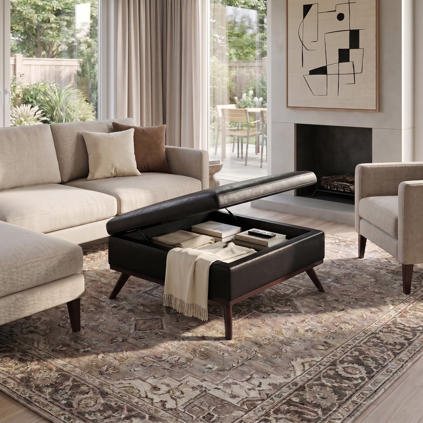 Distressed Black Distressed Vegan Leather | Owen Medium Square Table Ottoman in Distressed Vegan Leather