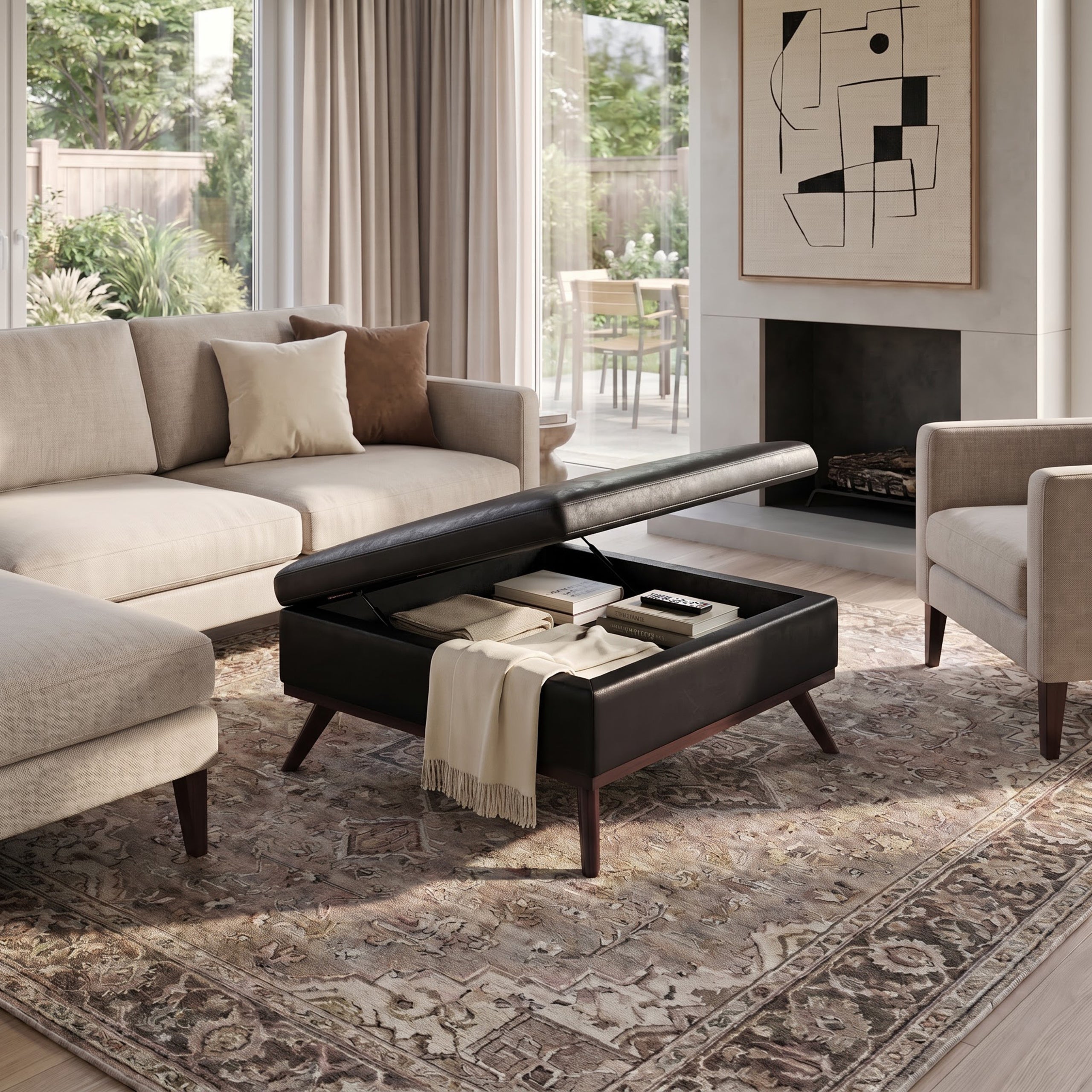 Distressed Black Distressed Vegan Leather | Owen Medium Square Table Ottoman in Distressed Vegan Leather