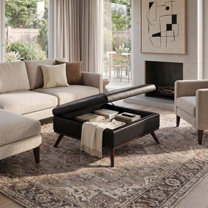 Distressed Black Distressed Vegan Leather | Owen Medium Square Table Ottoman in Distressed Vegan Leather