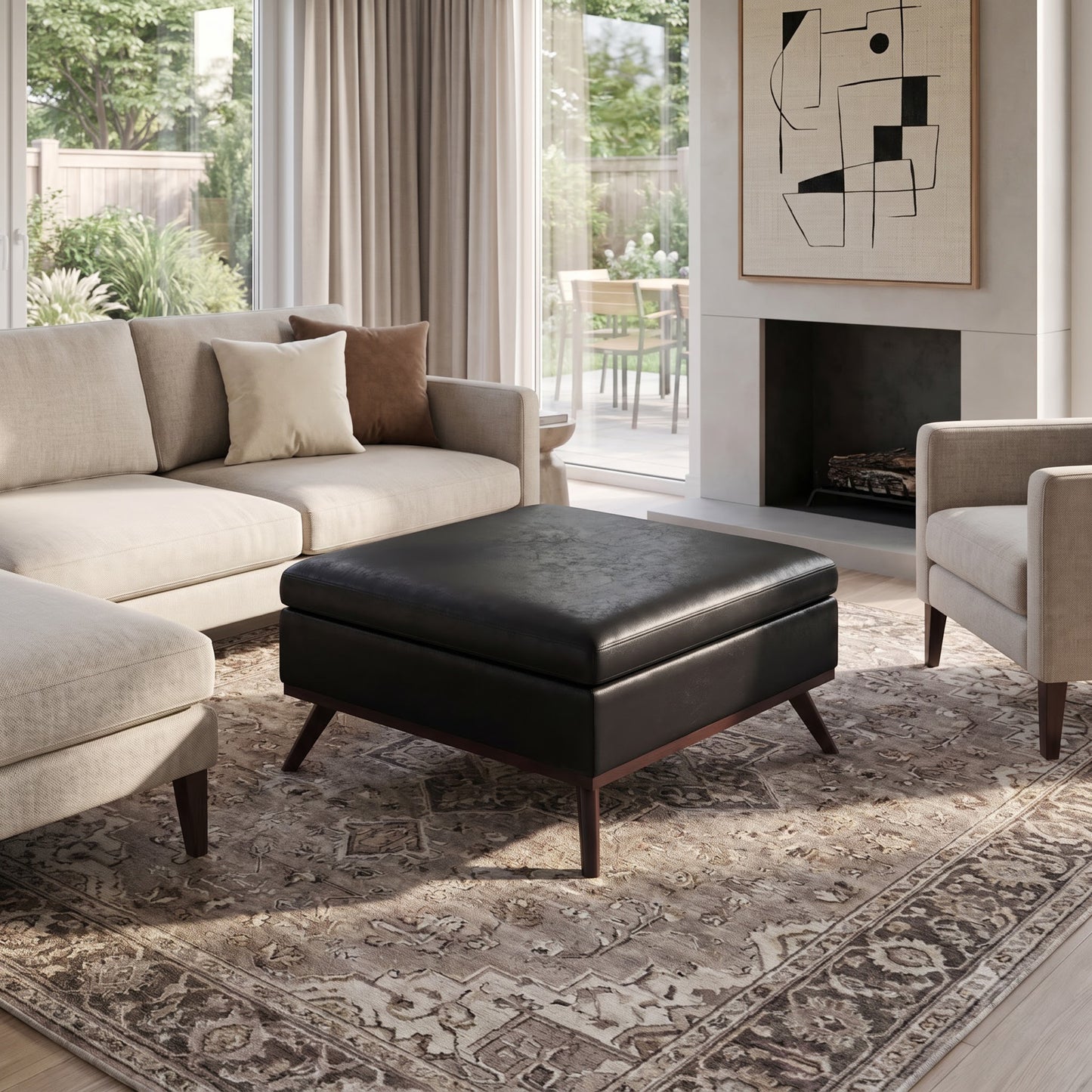Distressed Black Distressed Vegan Leather | Owen Medium Square Table Ottoman in Distressed Vegan Leather