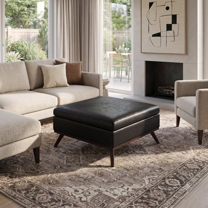 Distressed Black Distressed Vegan Leather | Owen Medium Square Table Ottoman in Distressed Vegan Leather