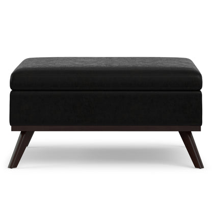 Distressed Black Distressed Vegan Leather | Owen Medium Square Table Ottoman in Distressed Vegan Leather