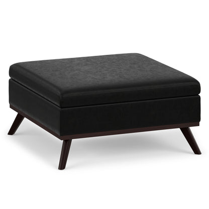 Distressed Black Distressed Vegan Leather | Owen Medium Square Table Ottoman in Distressed Vegan Leather