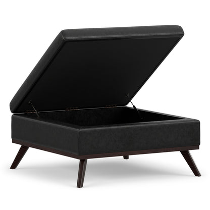 Distressed Black Distressed Vegan Leather | Owen Medium Square Table Ottoman in Distressed Vegan Leather