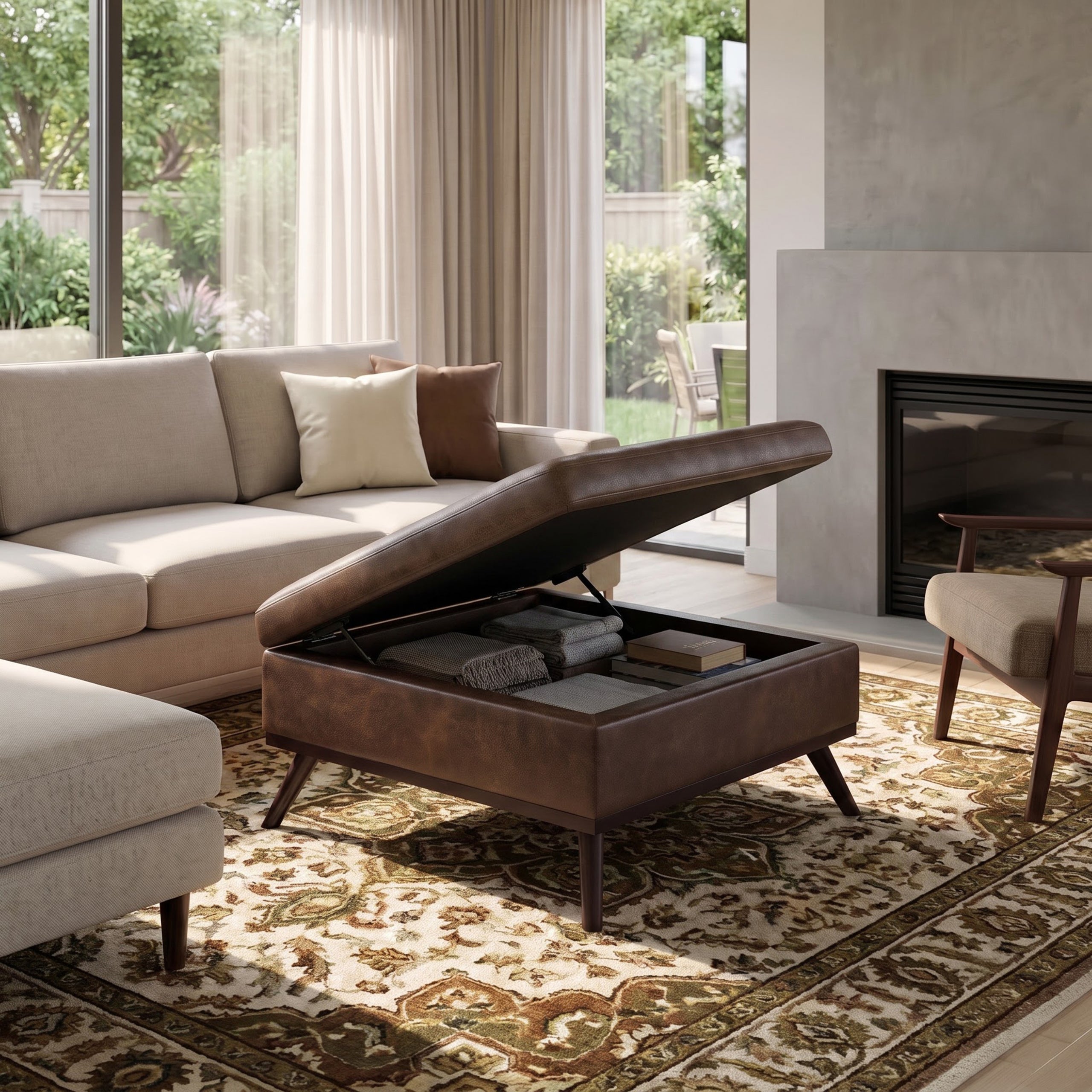 Distressed Chestnut Brown Distressed Vegan Leather | Owen Medium Square Table Ottoman in Distressed Vegan Leather