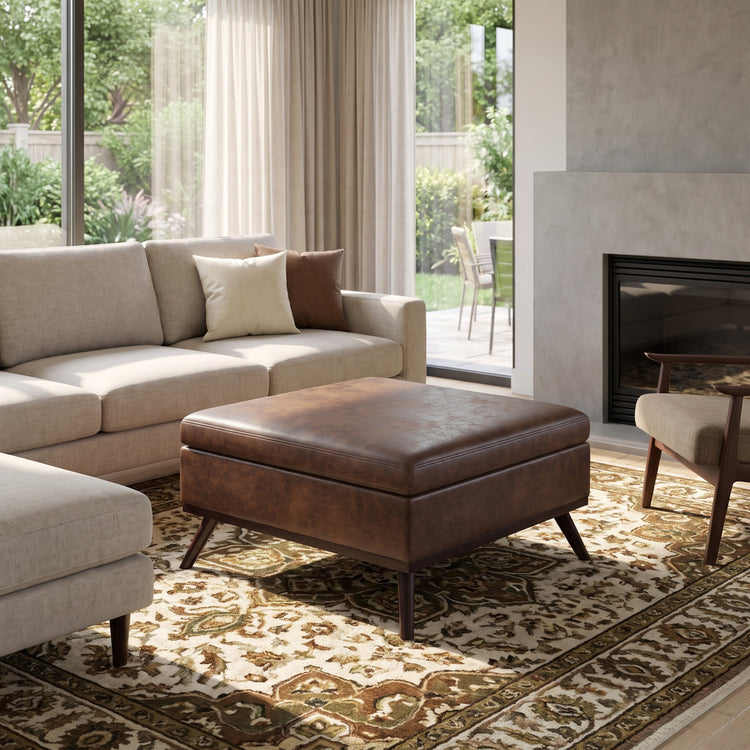 Distressed Chestnut Brown Distressed Vegan Leather | Owen Medium Square Table Ottoman in Distressed Vegan Leather