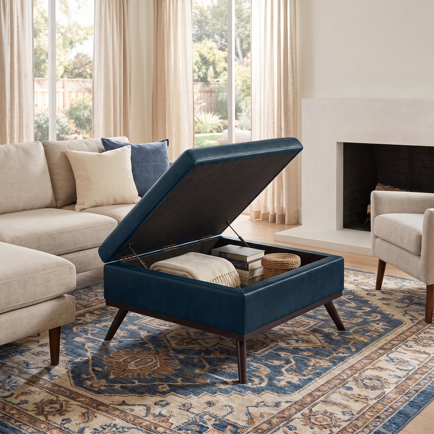 Distressed Dark Blue Distressed Vegan Leather | Owen Medium Square Table Ottoman in Distressed Vegan Leather