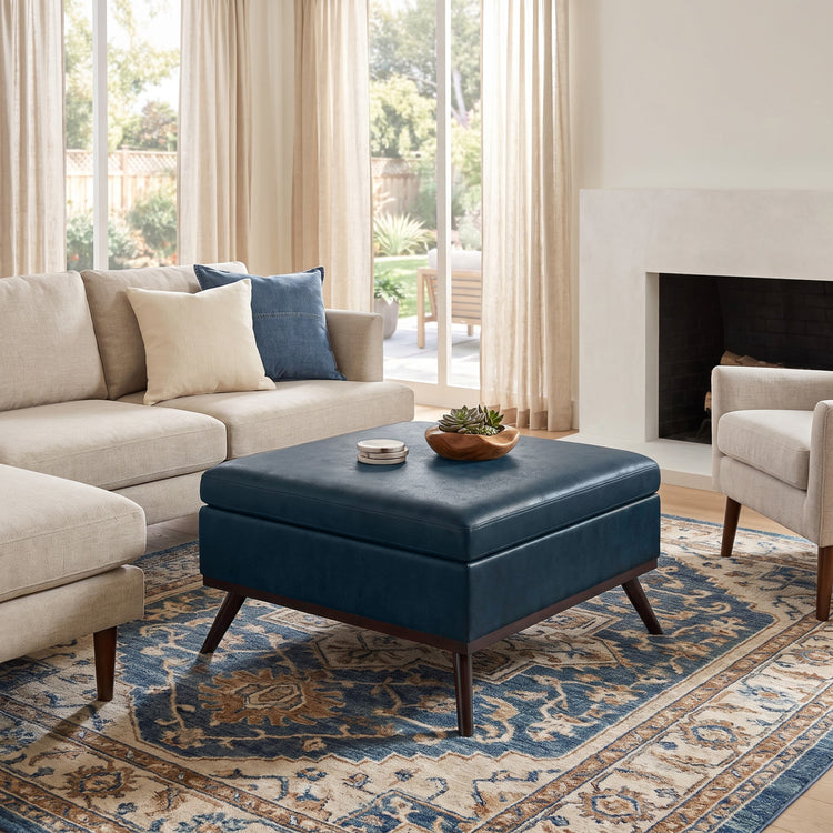 Distressed Dark Blue Distressed Vegan Leather | Owen Medium Square Table Ottoman in Distressed Vegan Leather