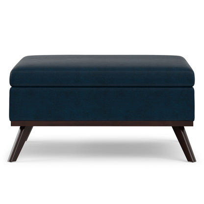 Distressed Dark Blue Distressed Vegan Leather | Owen Medium Square Table Ottoman in Distressed Vegan Leather