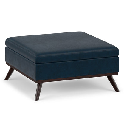 Distressed Dark Blue Distressed Vegan Leather | Owen Medium Square Table Ottoman in Distressed Vegan Leather