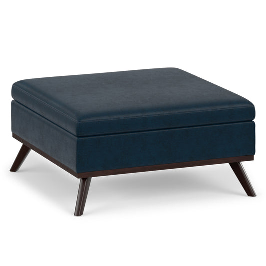 Distressed Dark Blue Distressed Vegan Leather | Owen Medium Square Table Ottoman in Distressed Vegan Leather