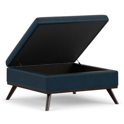 Distressed Dark Blue Distressed Vegan Leather | Owen Medium Square Table Ottoman in Distressed Vegan Leather