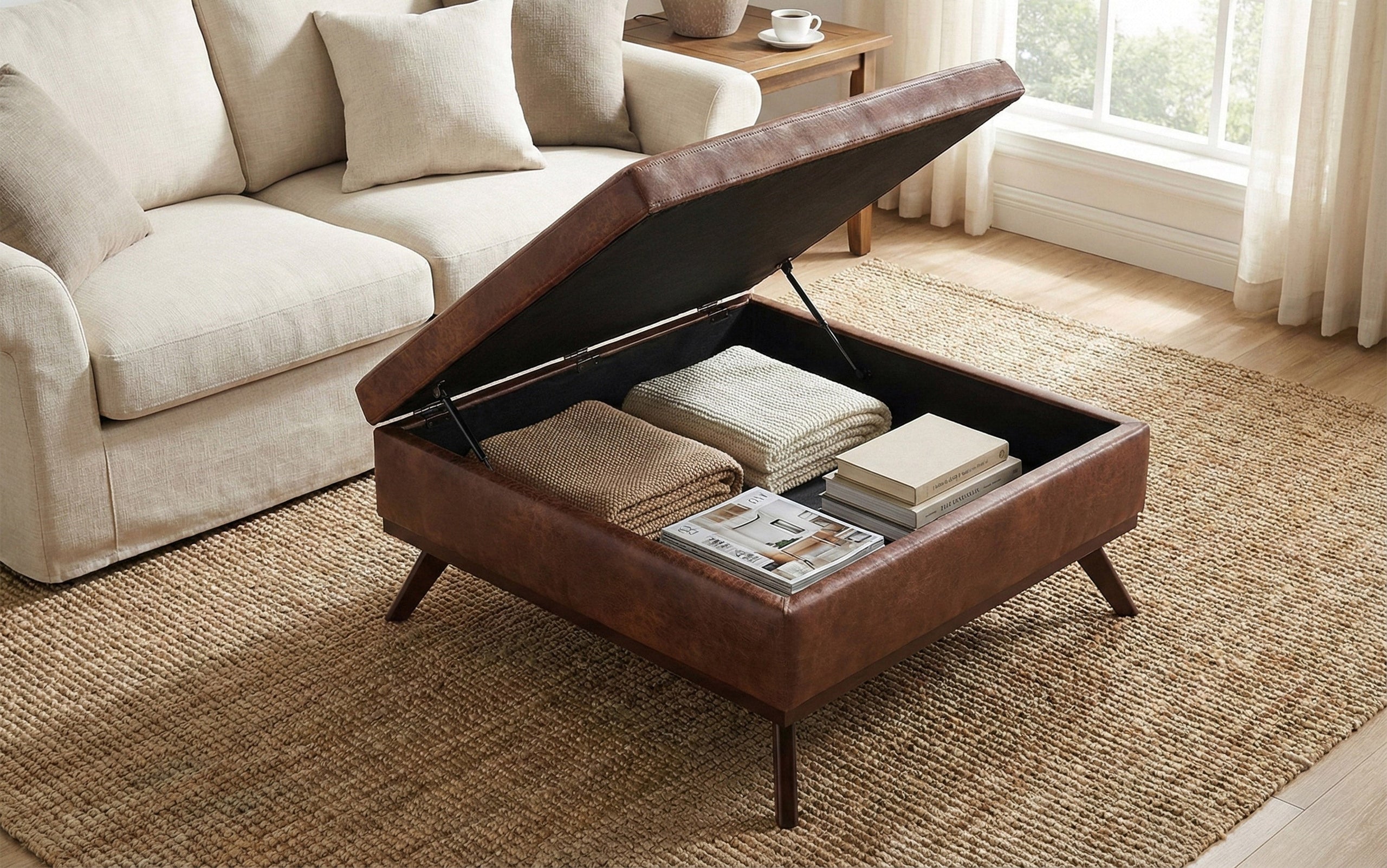 Distressed Saddle Brown Distressed Vegan Leather | Owen Coffee Table Ottoman with Storage