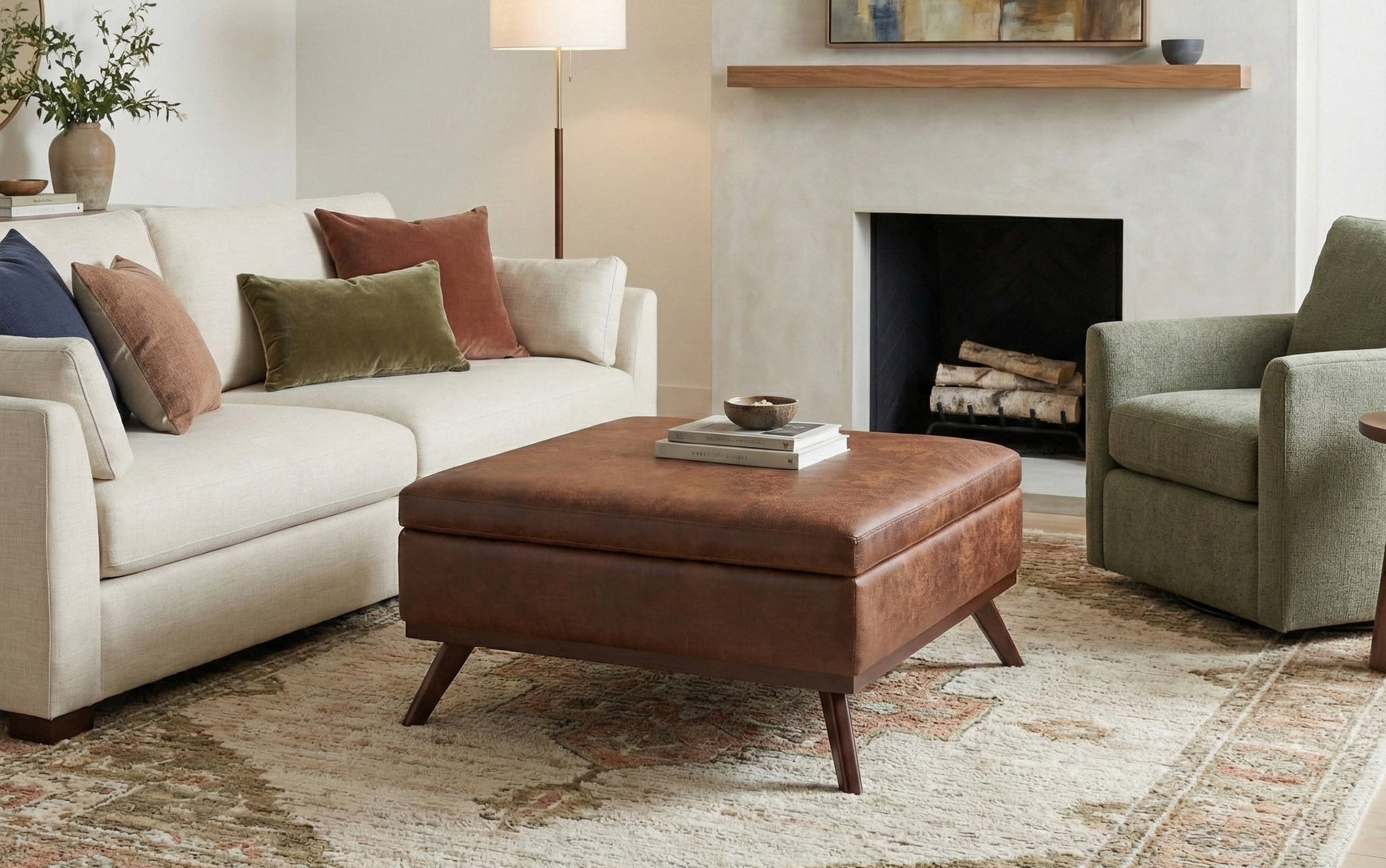 Distressed Saddle Brown Distressed Vegan Leather | Owen Coffee Table Ottoman with Storage