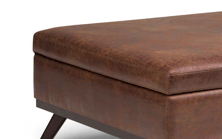 Distressed Saddle Brown Distressed Vegan Leather | Owen Coffee Table Ottoman with Storage