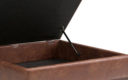 Distressed Saddle Brown Distressed Vegan Leather | Owen Coffee Table Ottoman with Storage