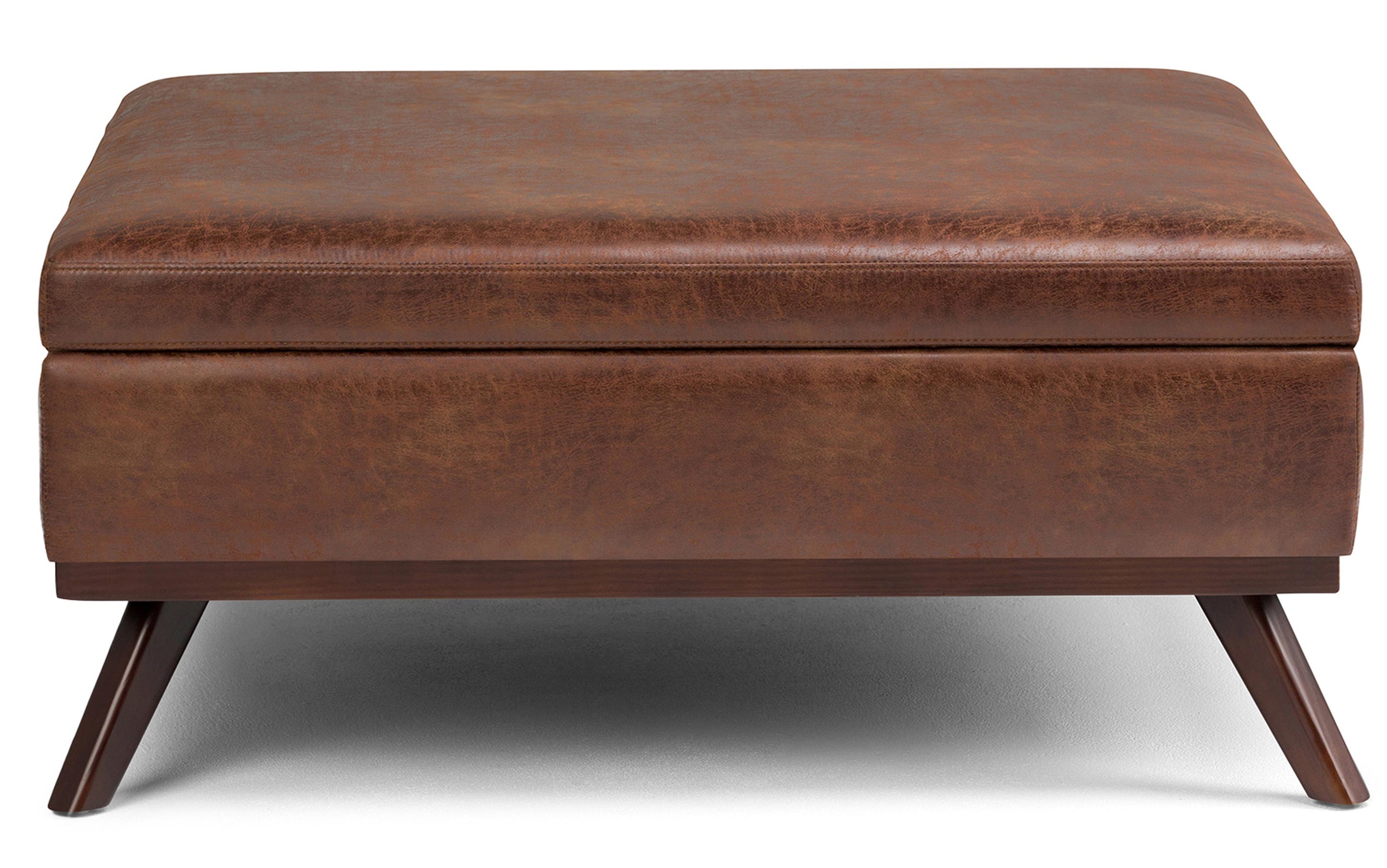 Distressed Saddle Brown Distressed Vegan Leather | Owen Coffee Table Ottoman with Storage