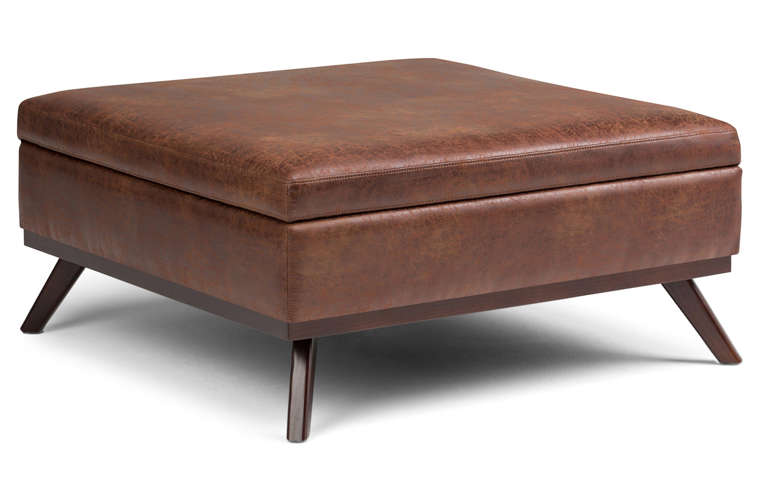 Distressed Saddle Brown Distressed Vegan Leather | Owen Coffee Table Ottoman with Storage