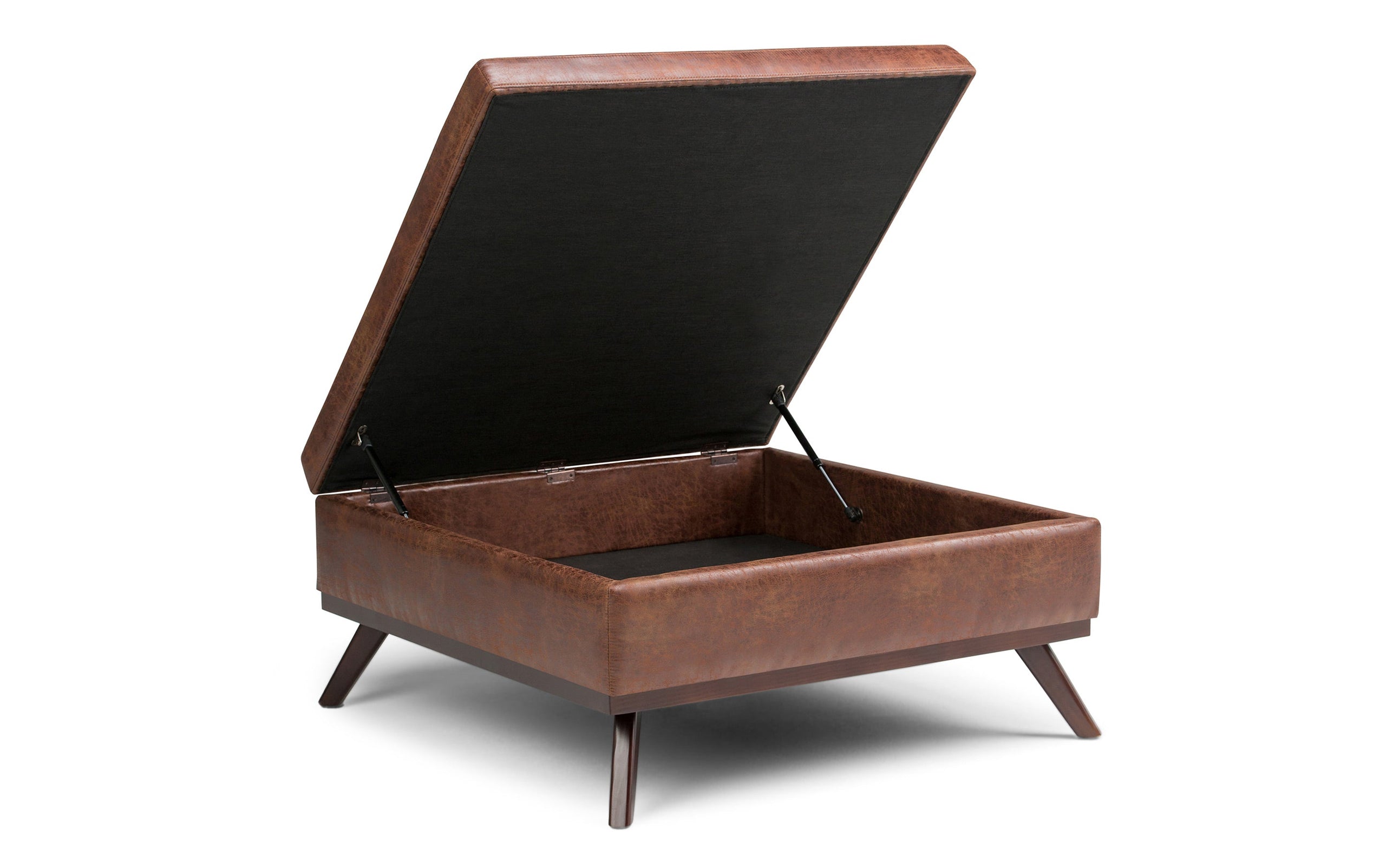 Distressed Saddle Brown Distressed Vegan Leather | Owen Coffee Table Ottoman with Storage