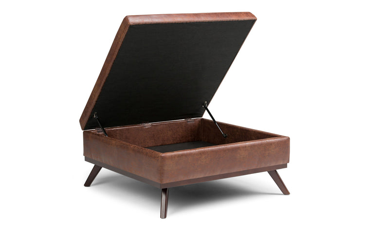 Distressed Saddle Brown Distressed Vegan Leather | Owen Coffee Table Ottoman with Storage